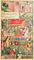 El emperador mogol Babur recibe a los enviados Uzbeg y Rauput en el jardín de Agra el 18 de diciembre de 1528, el emperador se sienta en un trono bajo un dosel; las fortificaciones de Agra están en el fondo